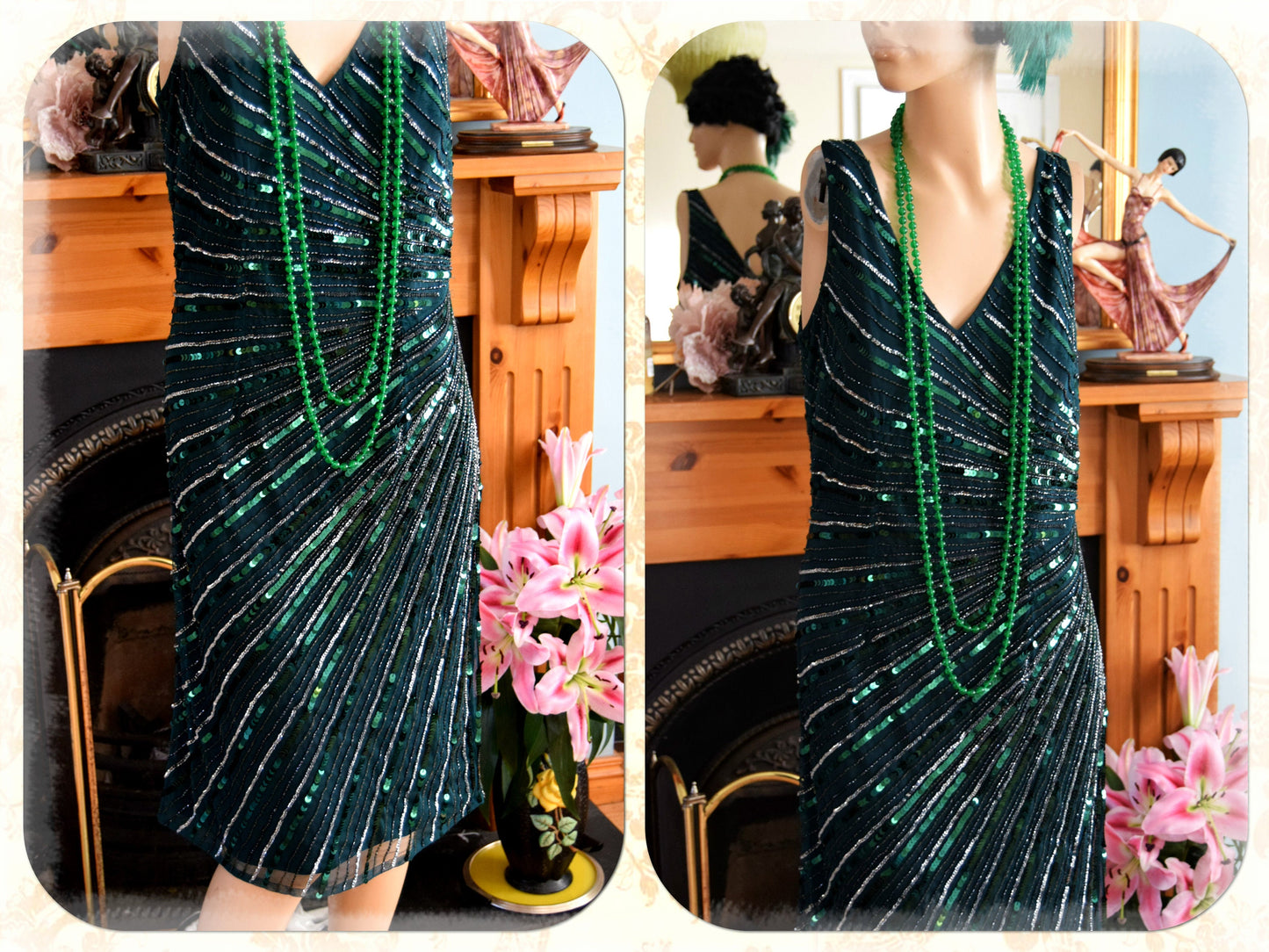Vintage Bottle Green flapper Downton Abbey embellish bead 1920s sequinned charleston dress UK size 12 US 8