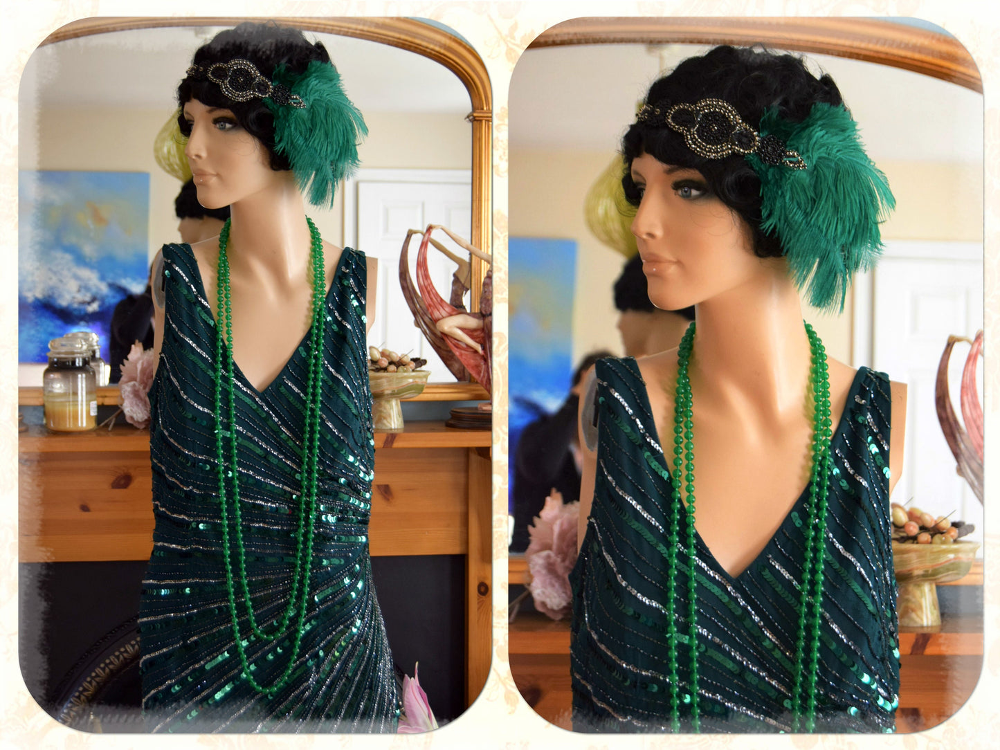 Vintage Bottle Green flapper Downton Abbey embellish bead 1920s sequinned charleston dress UK size 12 US 8