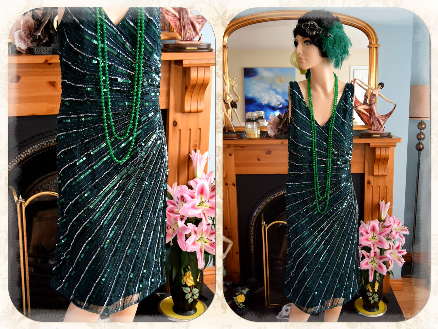 Vintage Bottle Green flapper Downton Abbey embellish bead 1920s sequinned charleston dress UK size 12 US 8