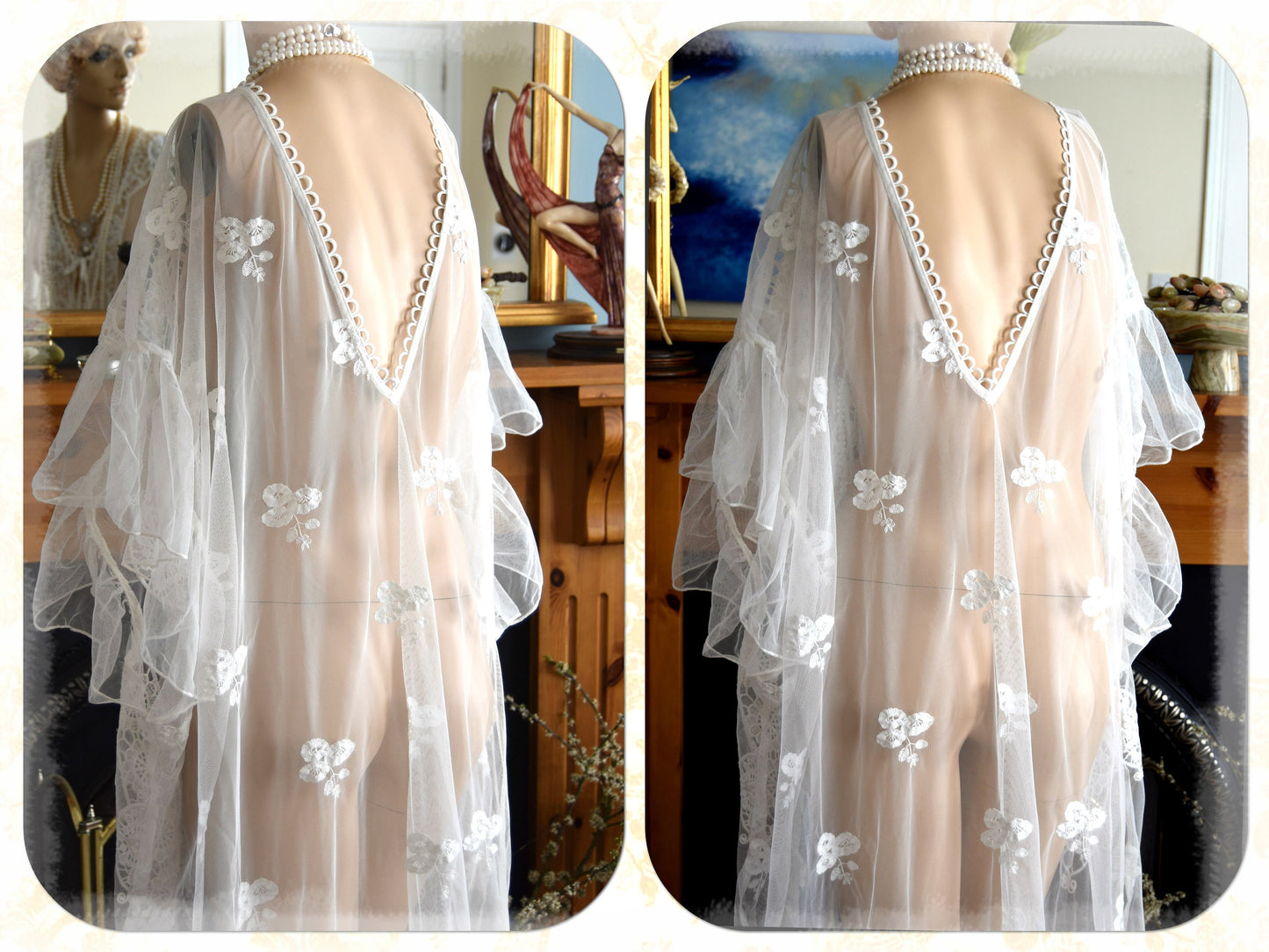Vintage 1920s kaftan dress bohemian gypsy hippy boho wedding Art Deco bride bead cream off- white wedding dress size UK 18 20 22 US 14 16 18