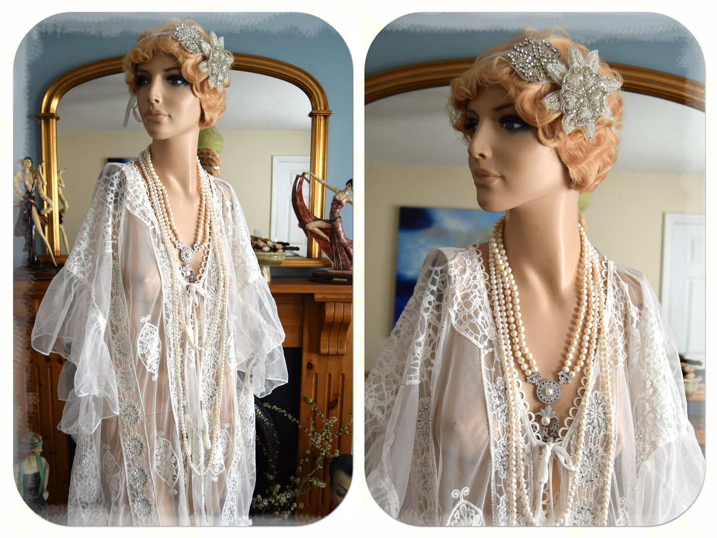 Vintage 1920s kaftan dress bohemian gypsy hippy boho wedding Art Deco bride bead cream off- white wedding dress size UK 18 20 22 US 14 16 18