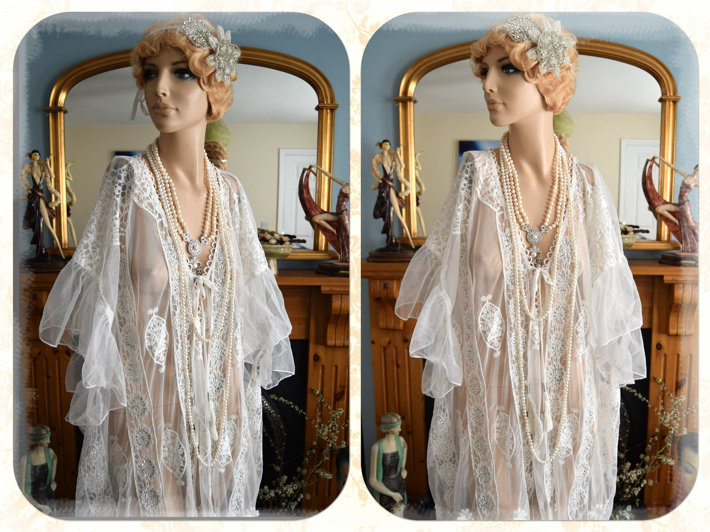 Vintage 1920s kaftan dress bohemian gypsy hippy boho wedding Art Deco bride bead cream off- white wedding dress size UK 18 20 22 US 14 16 18