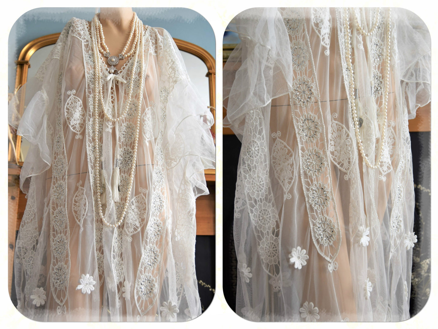 Vintage 1920s kaftan dress bohemian gypsy hippy boho wedding Art Deco bride bead cream off- white wedding dress size UK 18 20 22 US 14 16 18