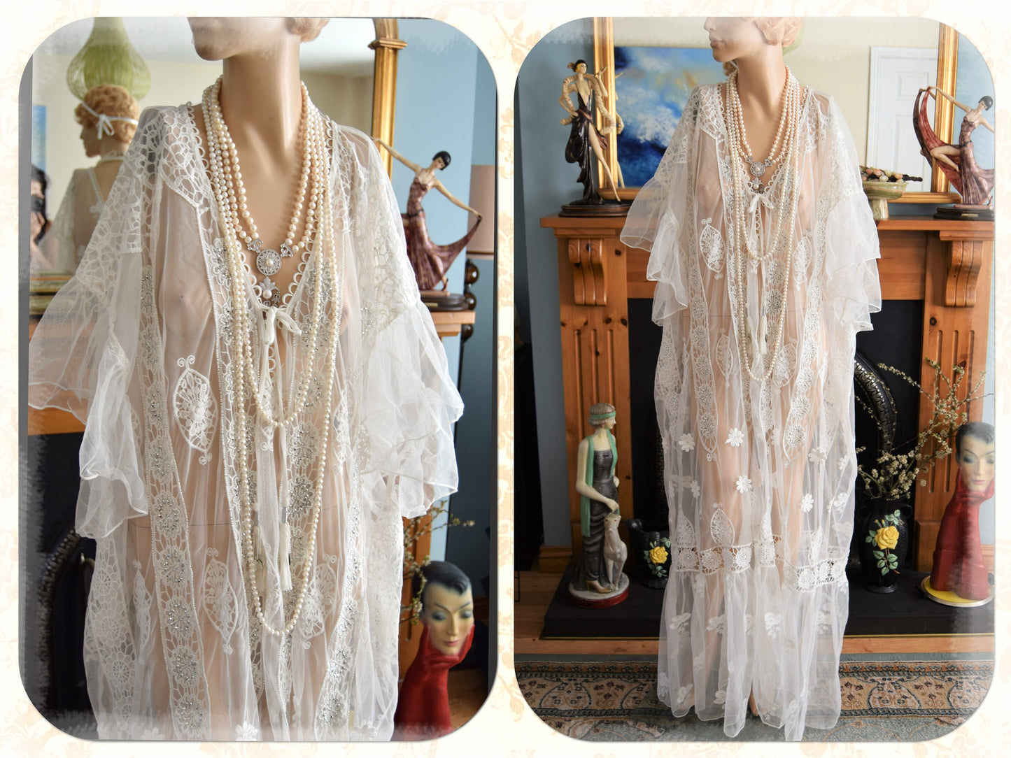 Vintage 1920s kaftan dress bohemian gypsy hippy boho wedding Art Deco bride bead cream off- white wedding dress size UK 18 20 22 US 14 16 18