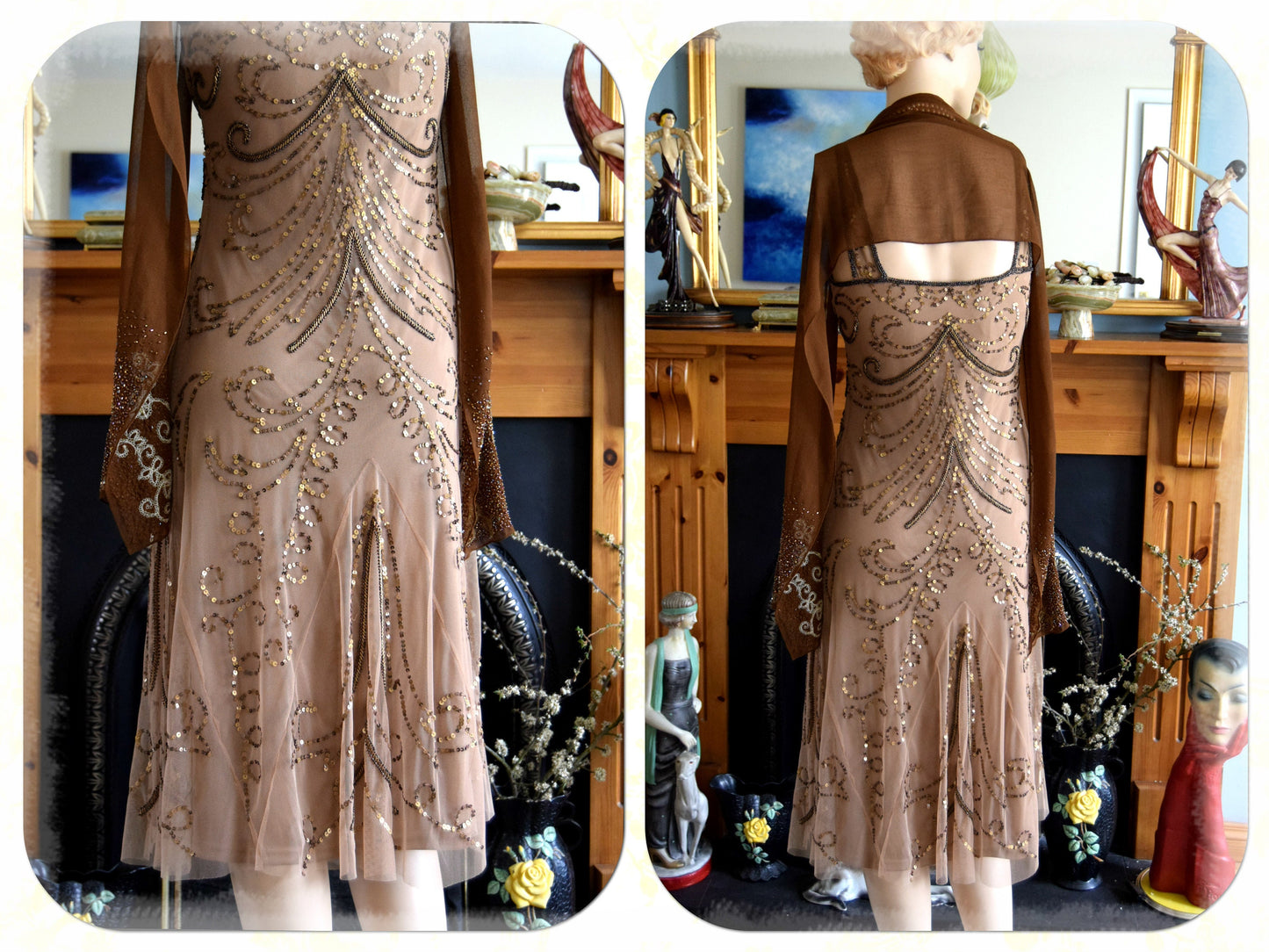 Petite Flapper dress, Great Gatsby Art Deco dress, Downton Abbey Vintage Embellished Toffee Gold Dress, Evening Gown, Size UK 4 6 US 0 2