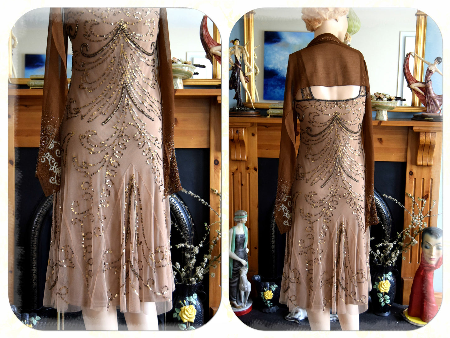Petite Flapper dress, Great Gatsby Art Deco dress, Downton Abbey Vintage Embellished Toffee Gold Dress, Evening Gown, Size UK 10 US 6