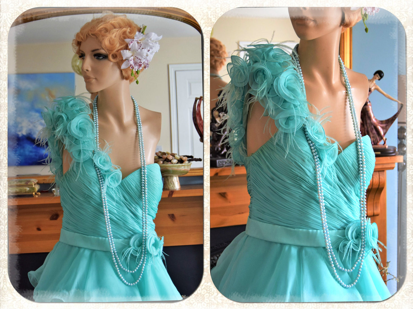 Vintage Ocean Blue Chiffon Ruffled Frilled Satin Romantic Ballgown Hollywood Glamour True Goddess Dress Size UK 12 14 US 8 10