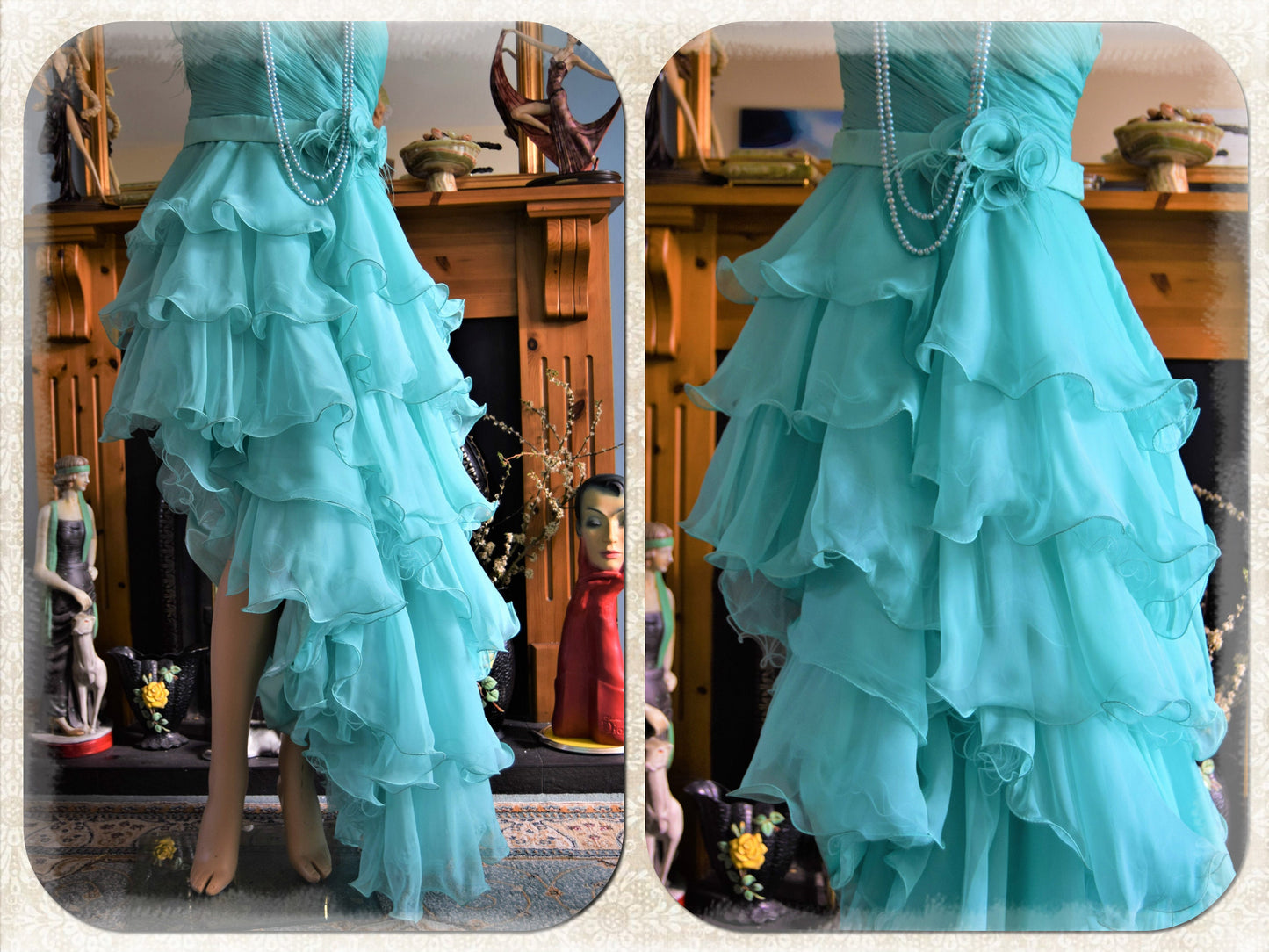 Vintage Ocean Blue Chiffon Ruffled Frilled Satin Romantic Ballgown Hollywood Glamour True Goddess Dress Size UK 12 14 US 8 10