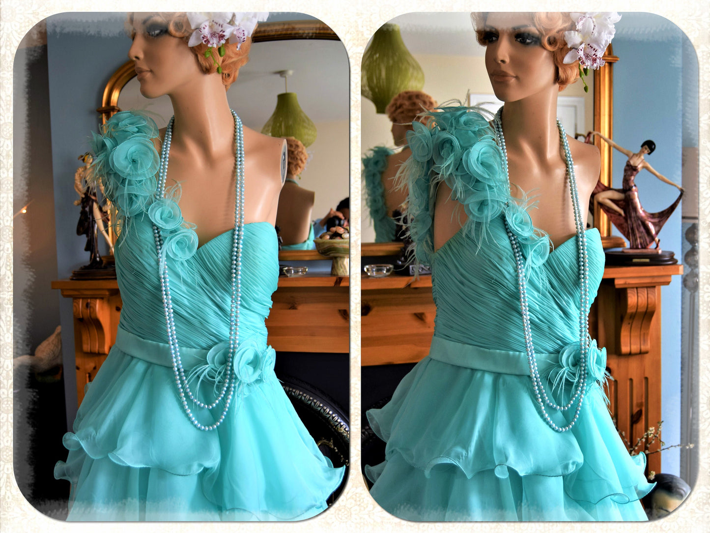 Vintage Ocean Blue Chiffon Ruffled Frilled Satin Romantic Ballgown Hollywood Glamour True Goddess Dress Size UK 12 14 US 8 10