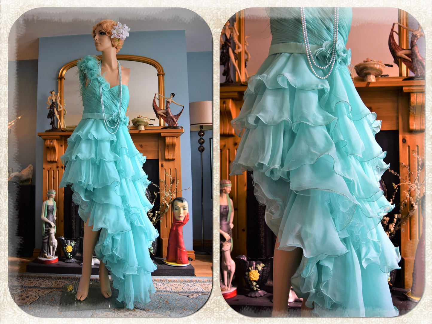 Vintage Ocean Blue Chiffon Ruffled Frilled Satin Romantic Ballgown Hollywood Glamour True Goddess Dress Size UK 12 14 US 8 10
