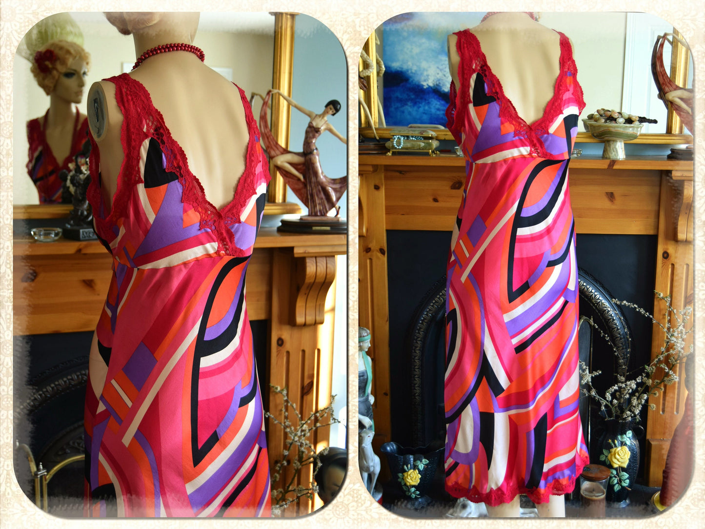 Vintage Liquid silk Geometric Art Deco Evening Gown Avant Garde Red Lace Graphic Vibrant cocktail Downton Abbey Dress Size UK 10 12 US 6 8
