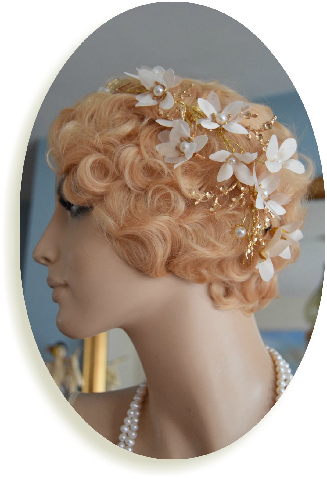 Beautiful 1920s 1930s romantic headband ethereal bridal white with gold magnolia floral pin hand made headpiece
