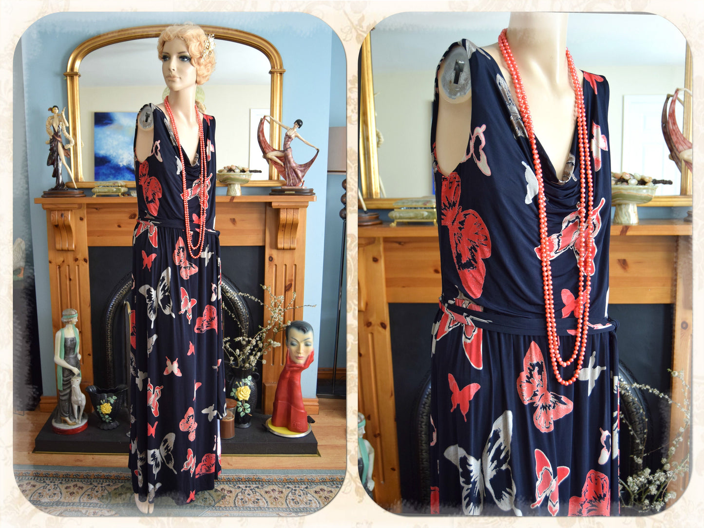 Vintage Laura Ashley Romantic Downton Abbey Deco Vintage Butterfly Summer Day Evening Sunday Cocktail Evening dressSize UK 12 US 8