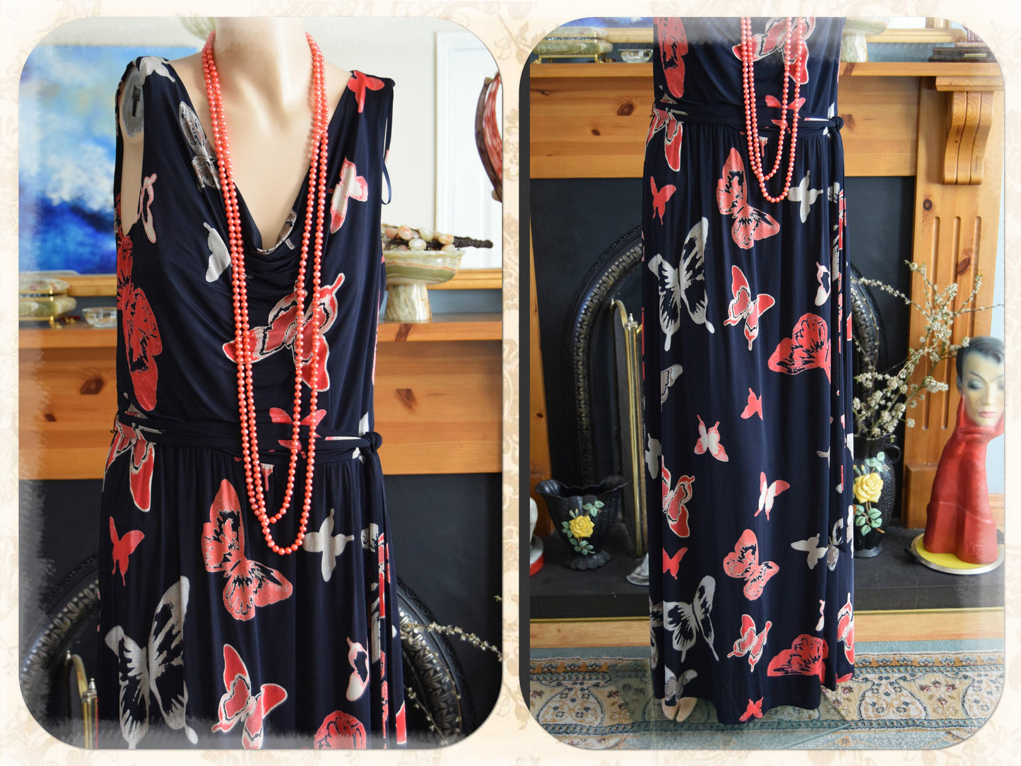 Vintage Laura Ashley Romantic Downton Abbey Deco Vintage Butterfly Summer Day Evening Sunday Cocktail Evening dressSize UK 12 US 8