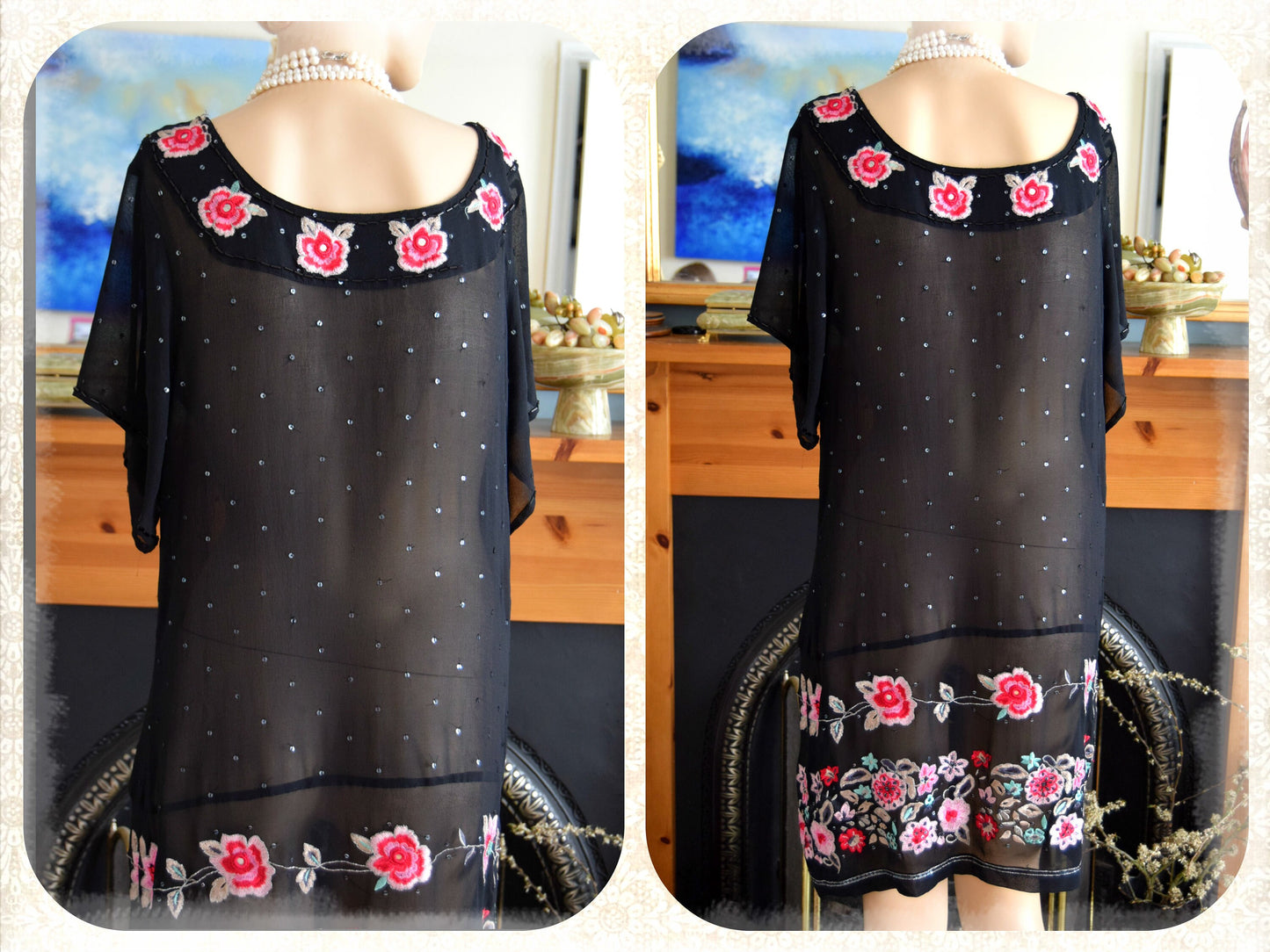 Vintage 1920s Great Gatsby bohemian silk embroidered Black flapper sheer dress UK 8 10 US 4 6