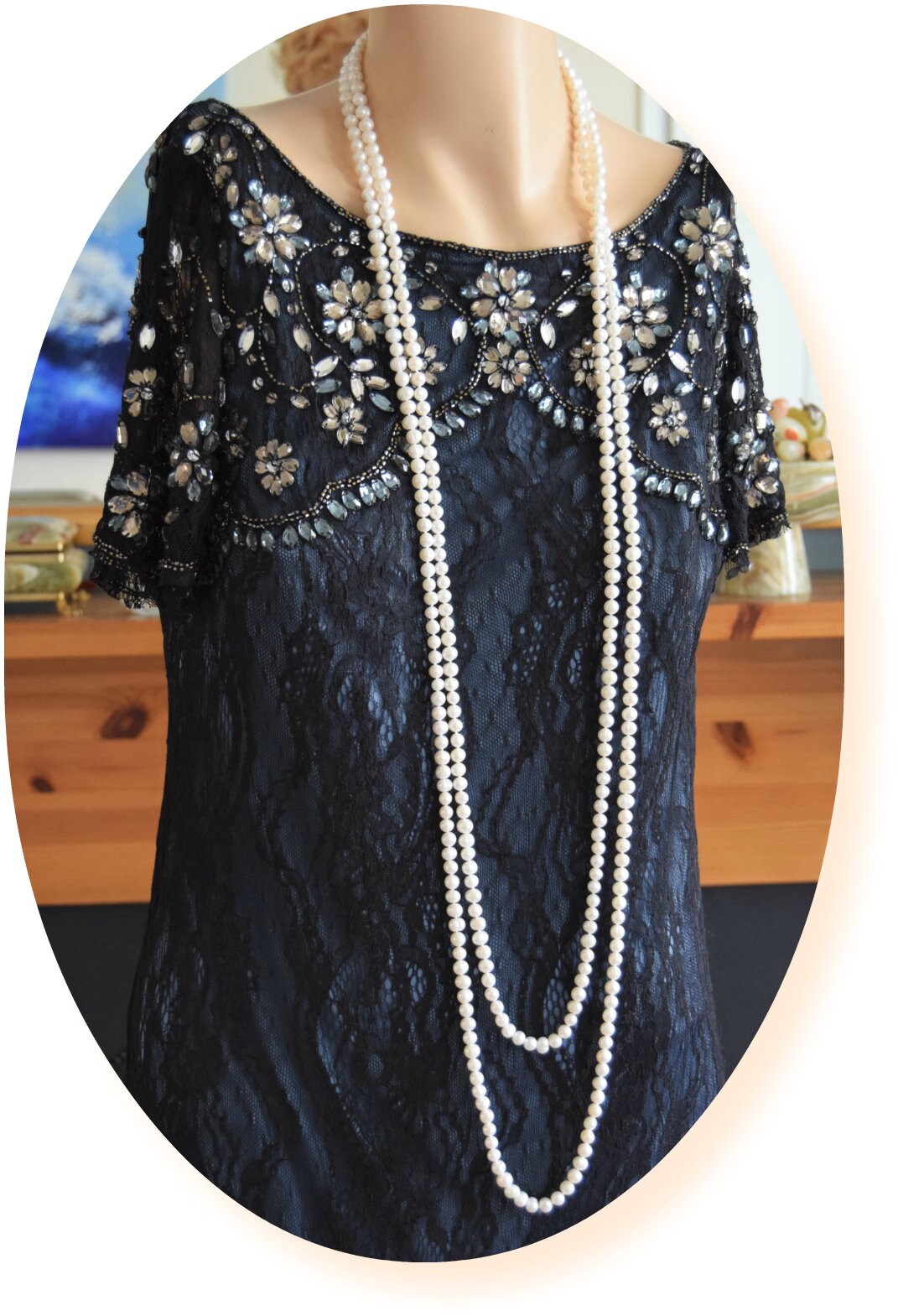 Vintage 1920s Great Gatsby Black Navy Blue beaded Jewelled lace in Downton Abbey Net Dress Size UK 10 US 6
