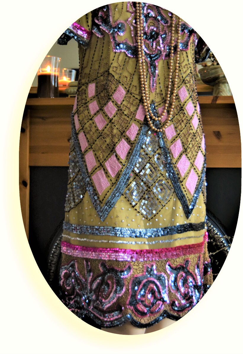 Vintage Green Flapper Downton Abbey Heavily Embellished Beaded 20's Sequined Charleston Dress UK size 12 US 8