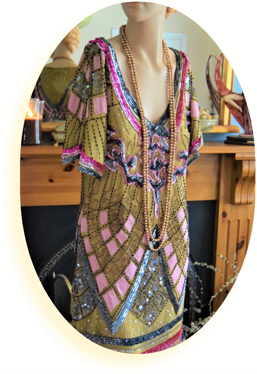 Vintage Green Flapper Downton Abbey Heavily Embellished Beaded 20's Sequined Charleston Dress UK size 12 US 8