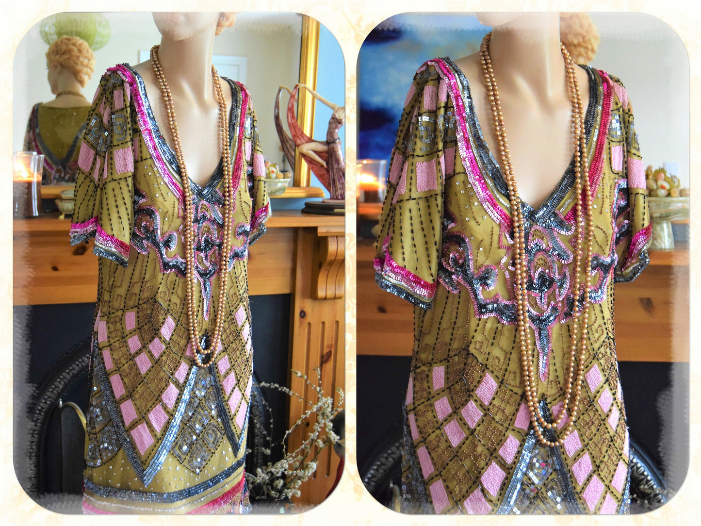 Vintage Green Flapper Downton Abbey Heavily Embellished Beaded 20's Sequined Charleston Dress UK size 12 US 8