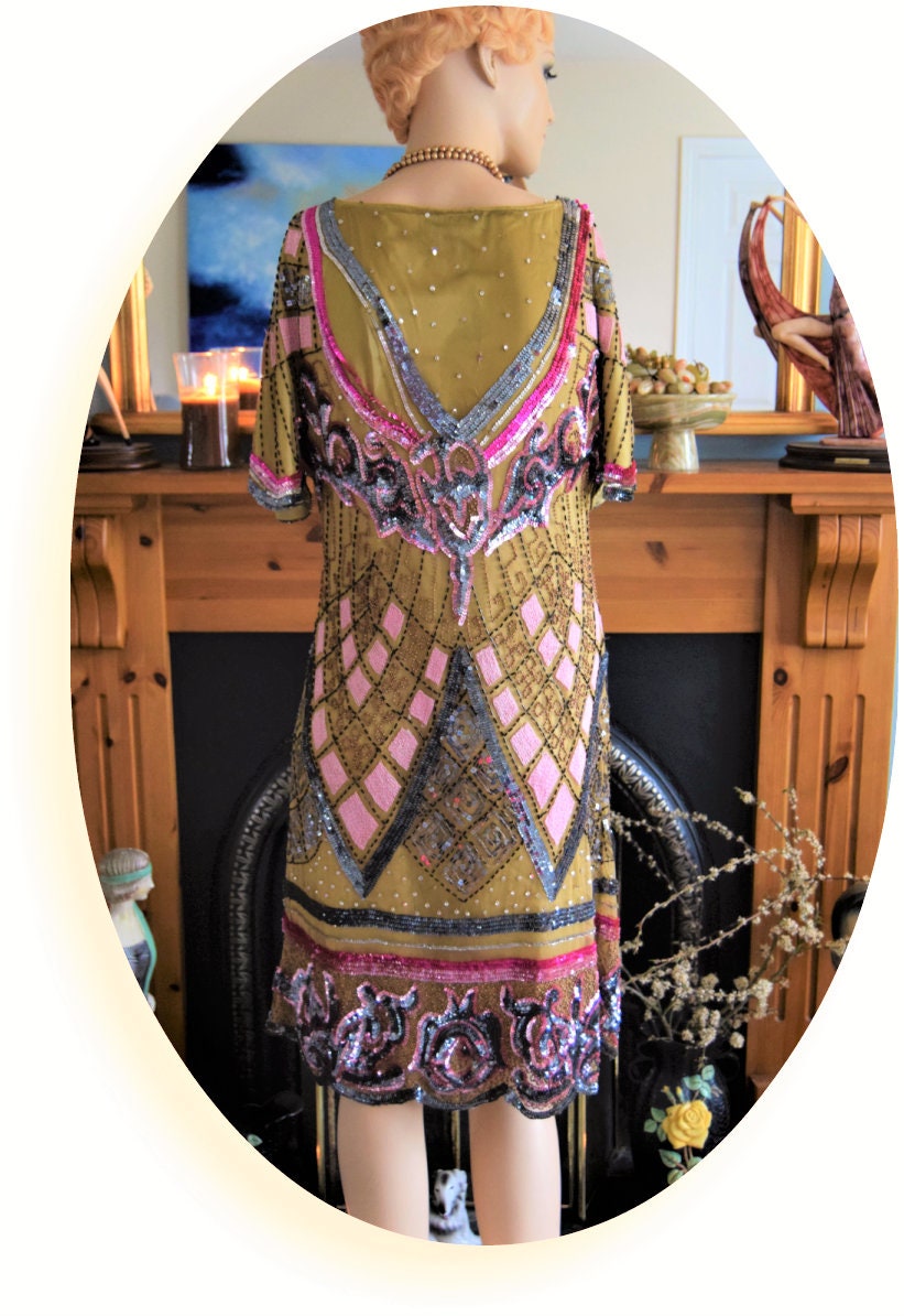 Vintage Green Flapper Downton Abbey Heavily Embellished Beaded 20's Sequined Charleston Dress UK size 12 US 8