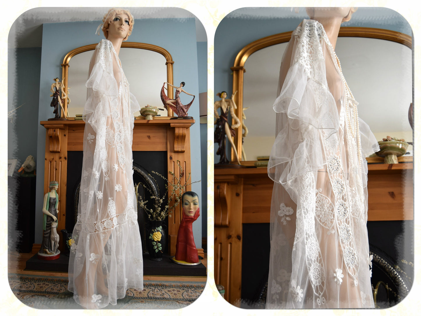Vintage 1920s kaftan dress bohemian gypsy hippy boho wedding Art Deco bride bead cream off- white wedding dress size UK 18 20 22 US 14 16 18