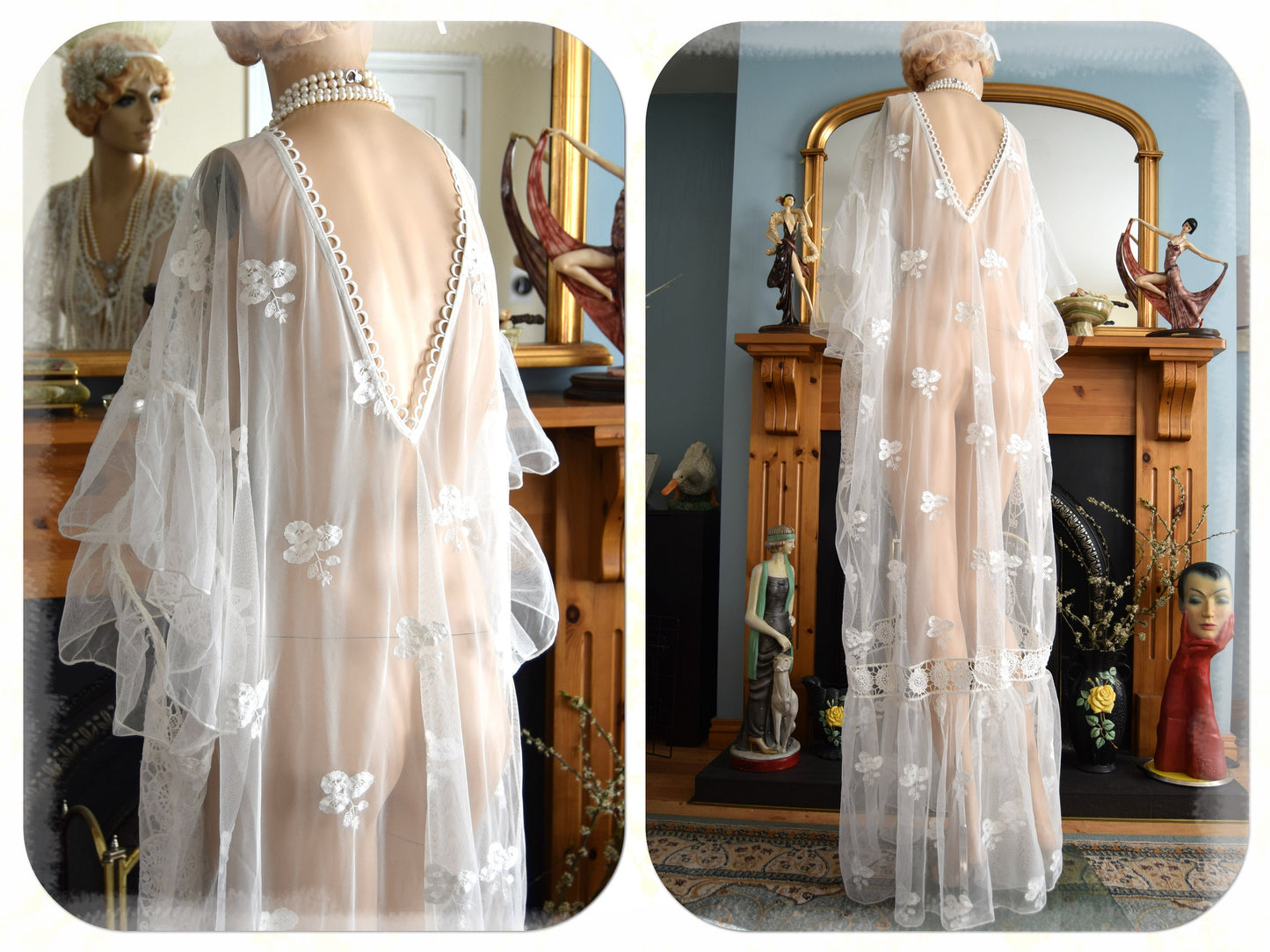Vintage 1920s kaftan dress bohemian gypsy hippy boho wedding Art Deco bride bead cream off- white wedding dress size UK 18 20 22 US 14 16 18