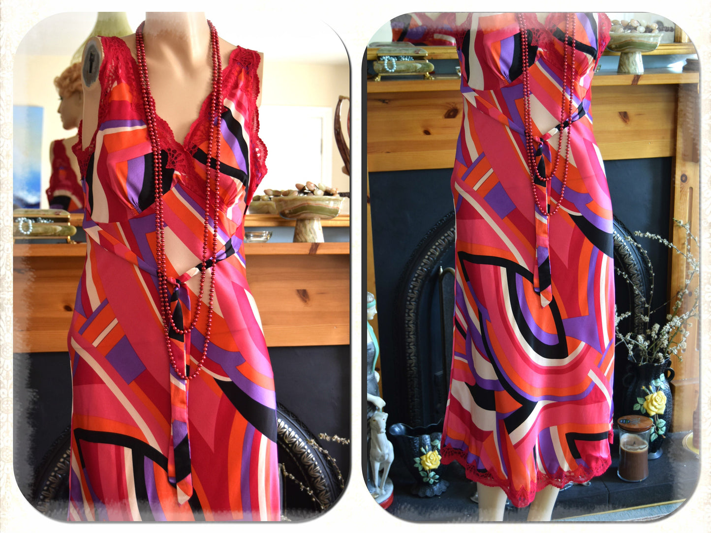 Vintage Liquid silk Geometric Art Deco Evening Gown Avant Garde Red Lace Graphic Vibrant cocktail Downton Abbey Dress Size UK 10 12 US 6 8