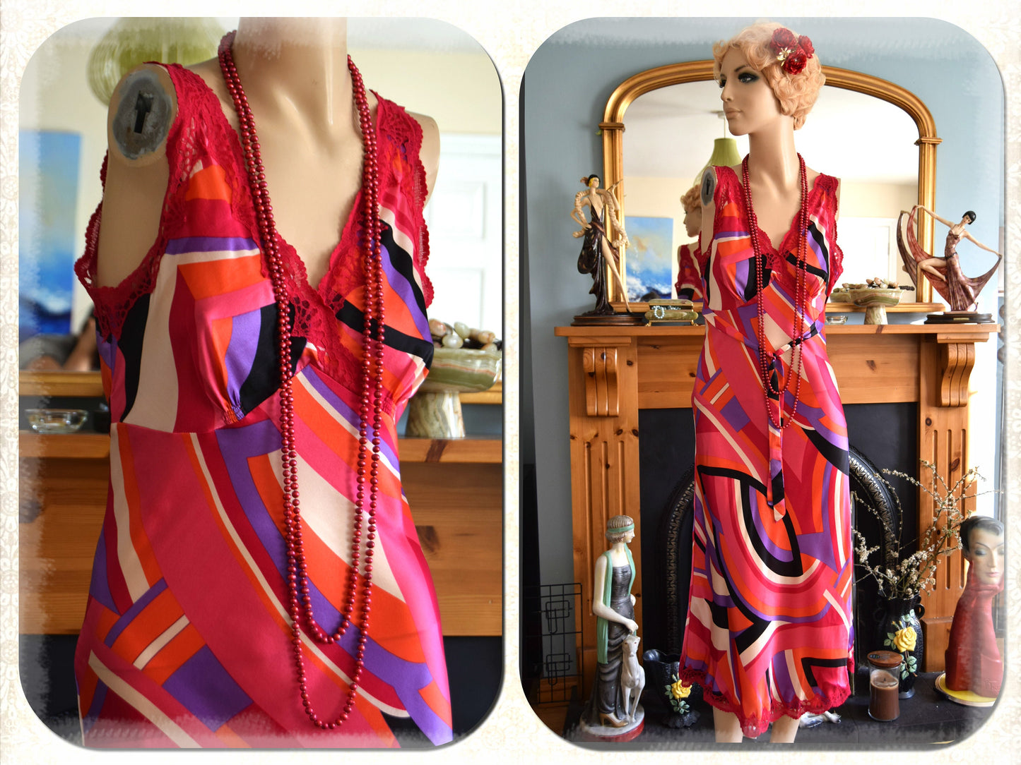 Vintage Liquid silk Geometric Art Deco Evening Gown Avant Garde Red Lace Graphic Vibrant cocktail Downton Abbey Dress Size UK 10 12 US 6 8