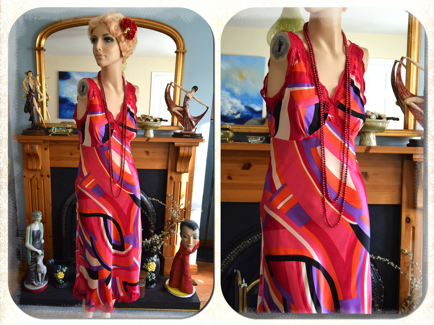 Vintage Liquid silk Geometric Art Deco Evening Gown Avant Garde Red Lace Graphic Vibrant cocktail Downton Abbey Dress Size UK 10 12 US 6 8