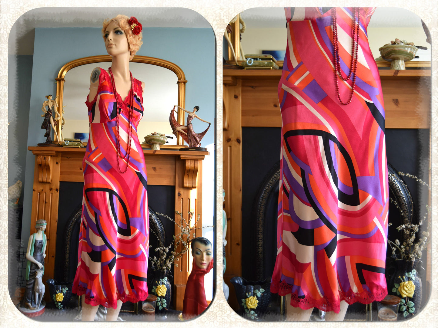 Vintage Liquid silk Geometric Art Deco Evening Gown Avant Garde Red Lace Graphic Vibrant cocktail Downton Abbey Dress Size UK 10 12 US 6 8