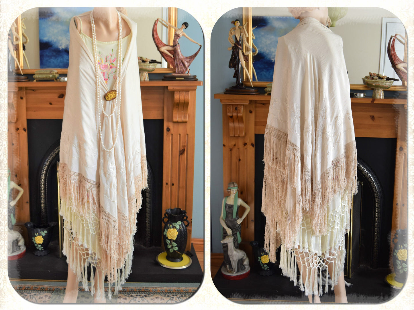 Original Antique Cream White Art Deco embroidered Soft Silk long lace cape Flapper 1920s Vintage Piano Shawl Duster with Tassels