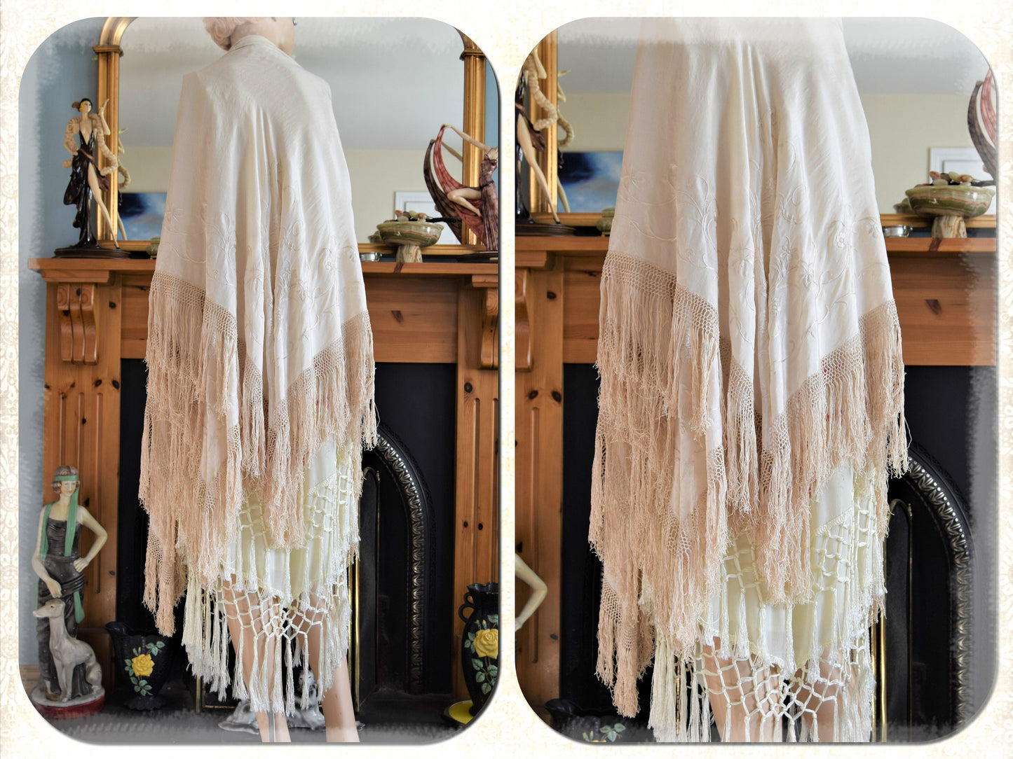 Original Antique Cream White Art Deco embroidered Soft Silk long lace cape Flapper 1920s Vintage Piano Shawl Duster with Tassels
