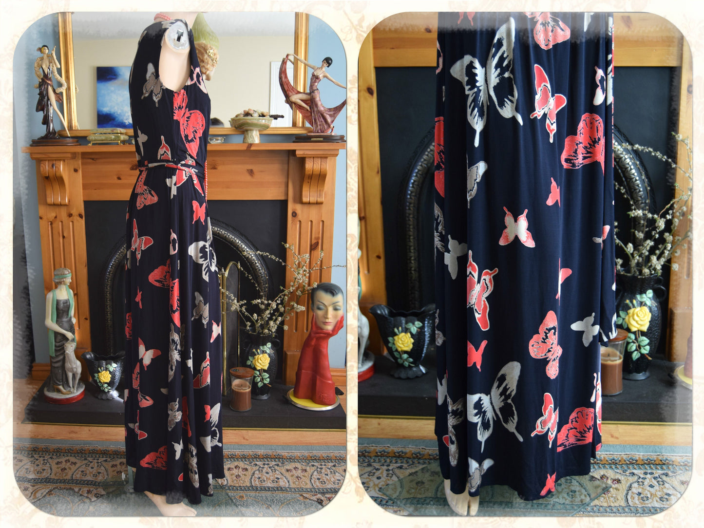 Vintage Laura Ashley Romantic Downton Abbey Deco Vintage Butterfly Summer Day Evening Sunday Cocktail Evening dressSize UK 12 US 8