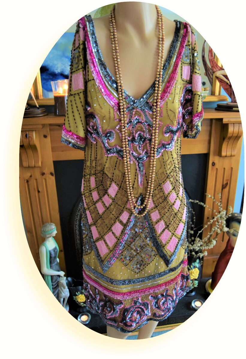 Vintage Green Flapper Downton Abbey Heavily Embellished Beaded 20's Sequined Charleston Dress UK size 12 US 8