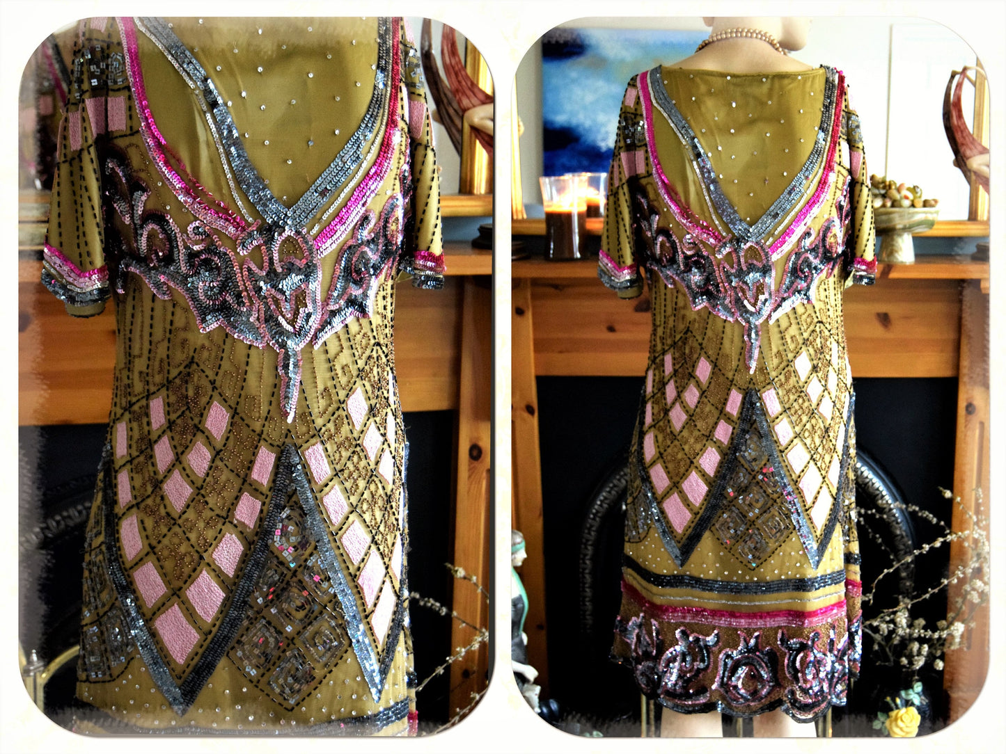 Vintage Green Flapper Downton Abbey Heavily Embellished Beaded 20's Sequined Charleston Dress UK size 12 US 8