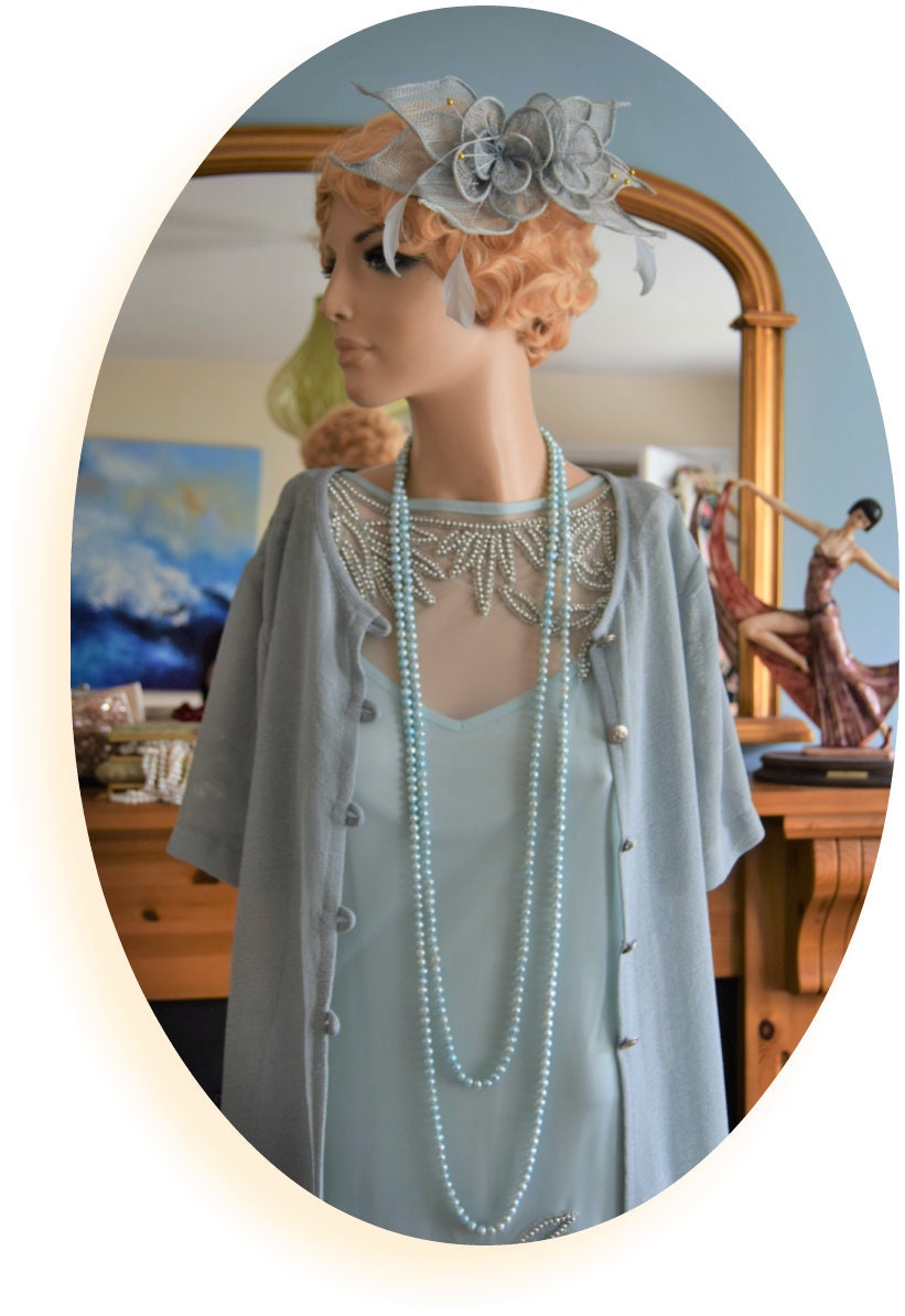 Beautiful Vintage Art Deco burlap duck blue feathered and beaded 1920s formal headpiece headband fascinator
