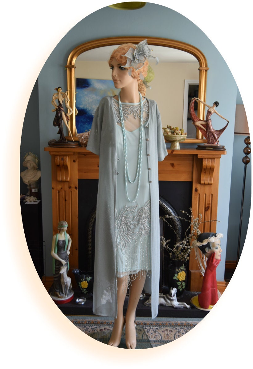 Beautiful Vintage Art Deco burlap duck blue feathered and beaded 1920s formal headpiece headband fascinator