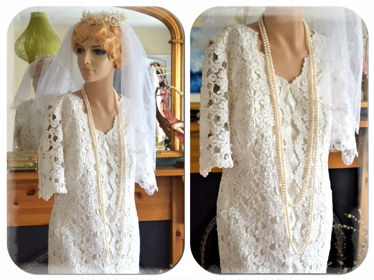 Art Deco Vintage 1920s 1930s Lace Three Dimentional Downton Abbey flapper wedding dress size UK 14 US 10
