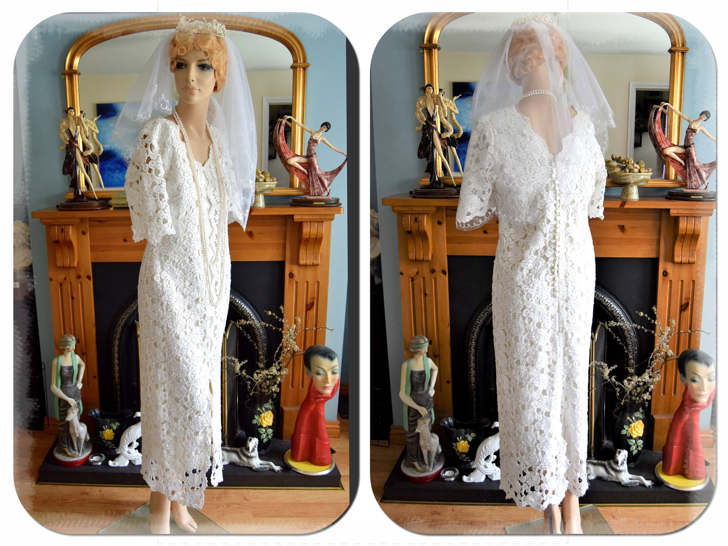 Art Deco Vintage 1920s 1930s Lace Three Dimentional Downton Abbey flapper wedding dress size UK 14 US 10