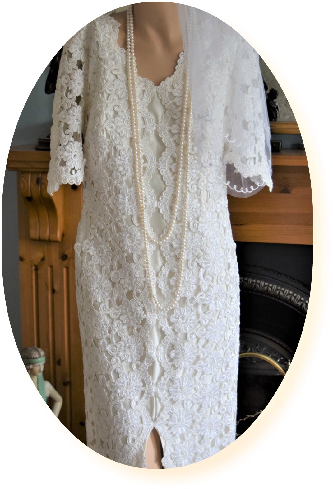 Art Deco Vintage 1920s 1930s Lace Three Dimentional Downton Abbey flapper wedding dress size UK 14 US 10