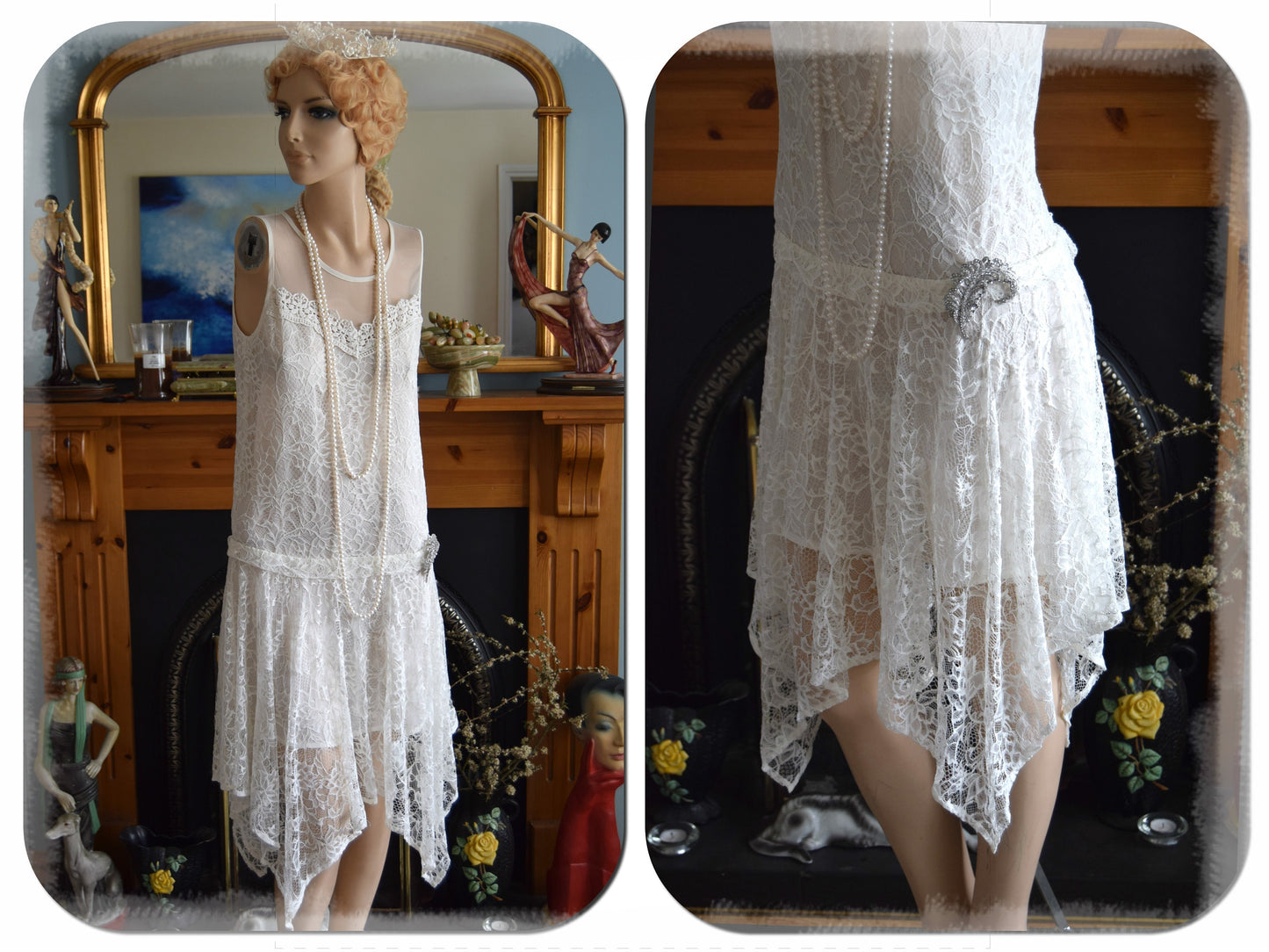 1920s wedding dress 1930s wedding dress All Lace Mesh flapper bride Vintage White Wedding Gown Great Gatsby size UK 8 10 US 4 6