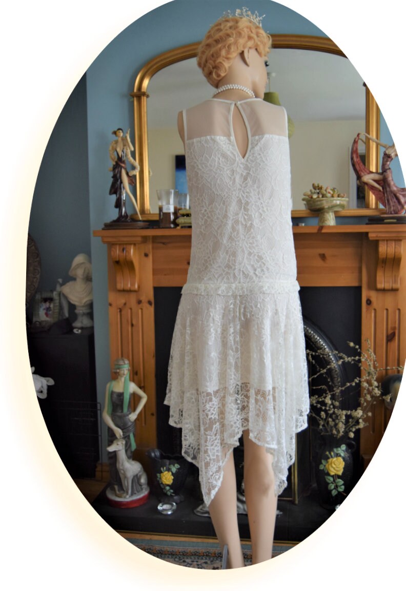 1920s wedding dress 1930s wedding dress All Lace Mesh flapper bride Vintage White Wedding Gown Great Gatsby size UK 8 10 US 4 6