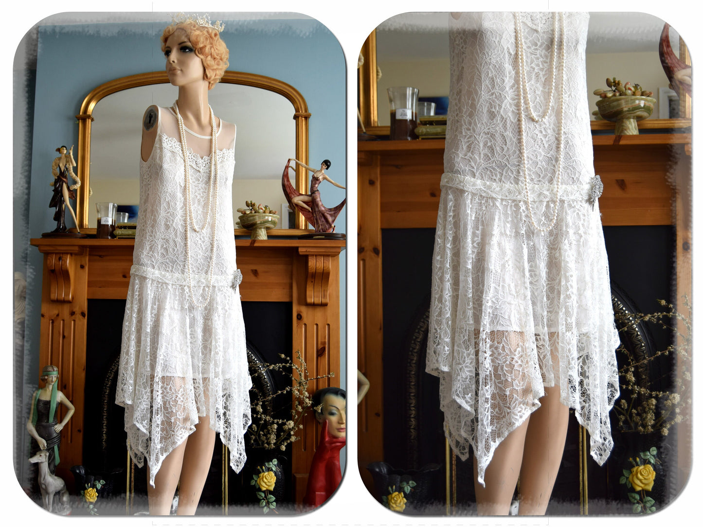 1920s wedding dress 1930s wedding dress All Lace Mesh flapper bride Vintage White Wedding Gown Great Gatsby size UK 8 10 US 4 6