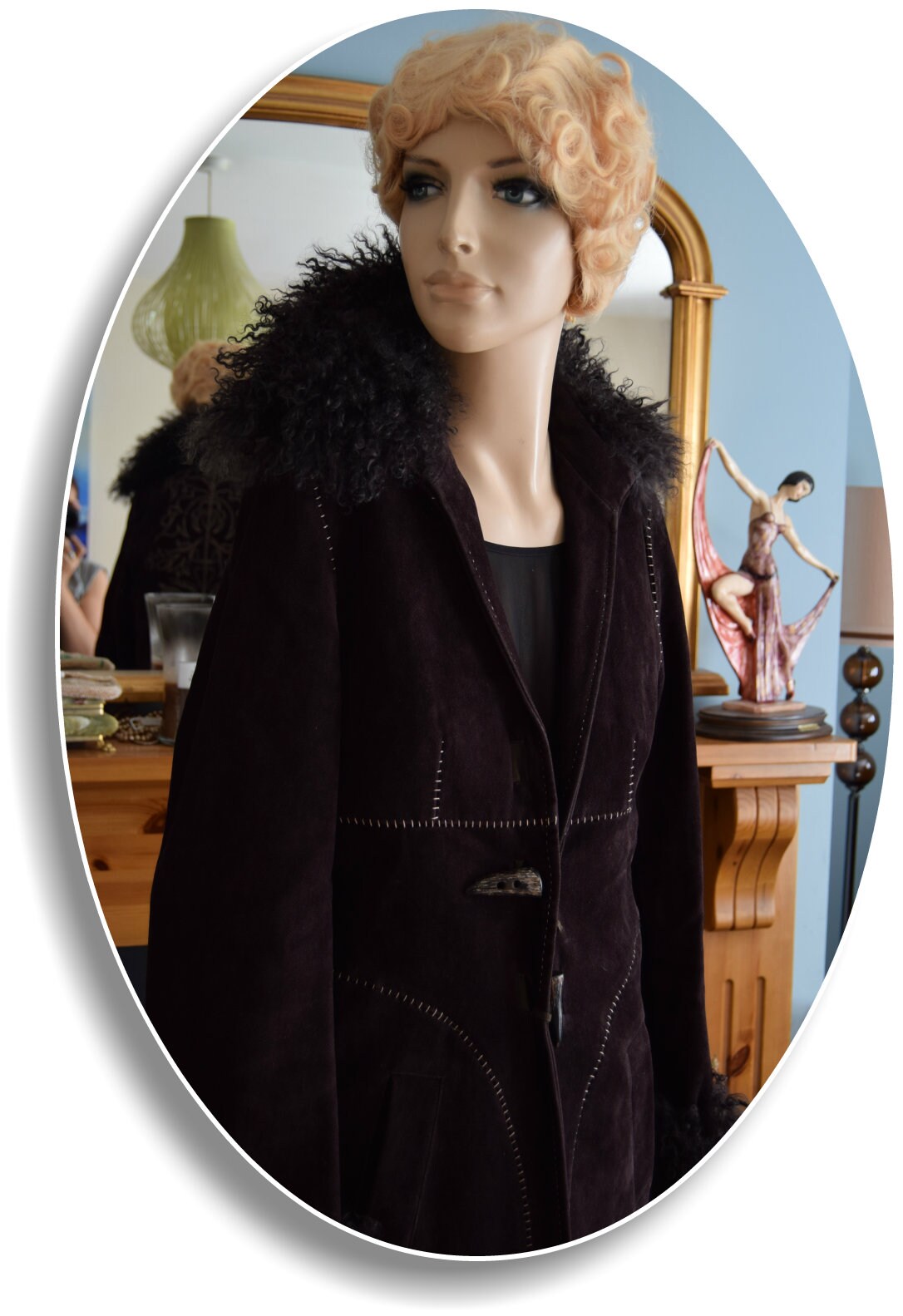 Vintage Penny Lane 1970s stylish thick embroidered long Mongolian fur hippy bohemian gypsy winter soft rich chocolate brown coat UK 8 US 4