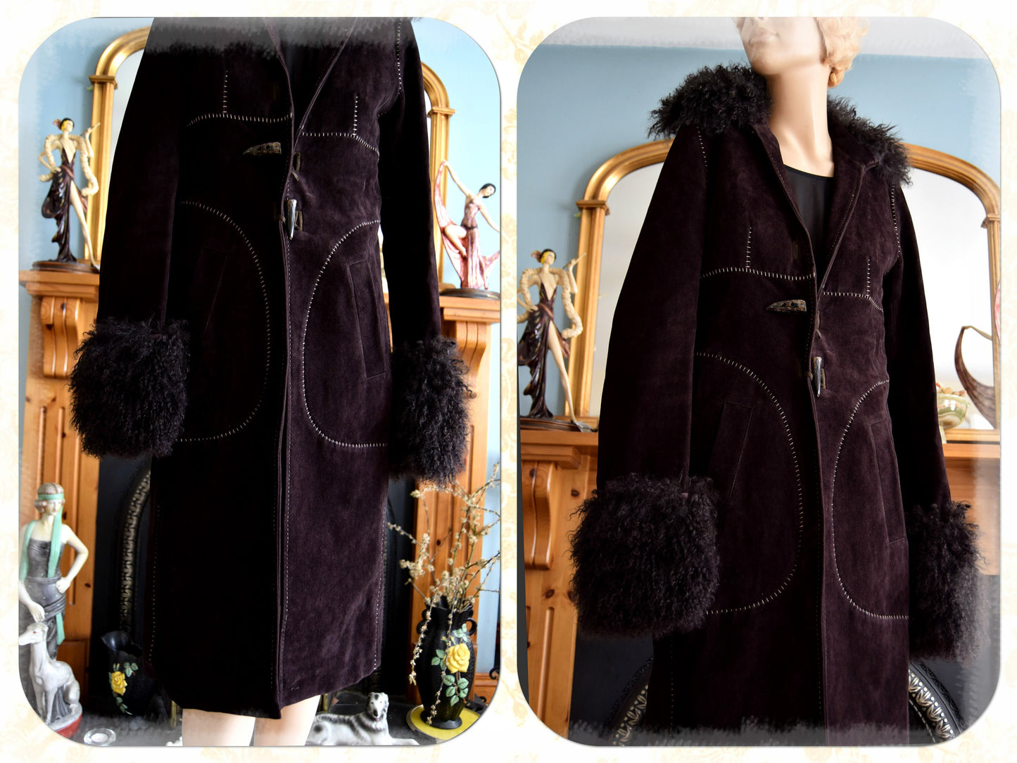 Vintage Penny Lane 1970s stylish thick embroidered long Mongolian fur hippy bohemian gypsy winter soft rich chocolate brown coat UK 8 US 4