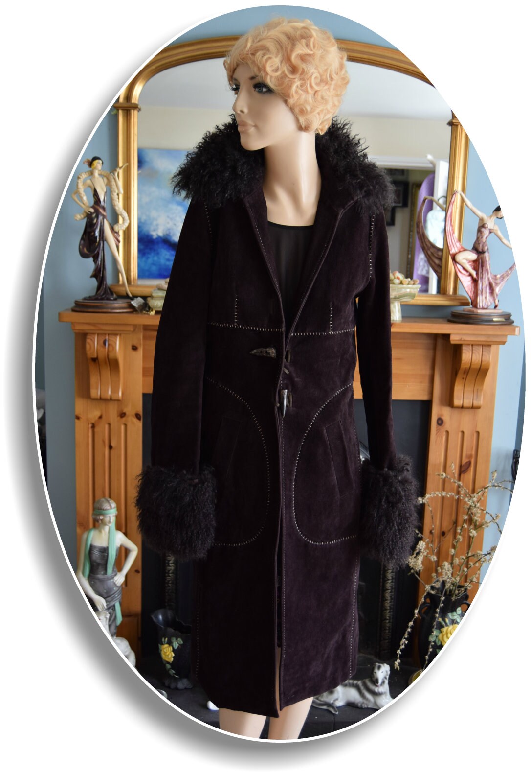 Vintage Penny Lane 1970s stylish thick embroidered long Mongolian fur hippy bohemian gypsy winter soft rich chocolate brown coat UK 8 US 4