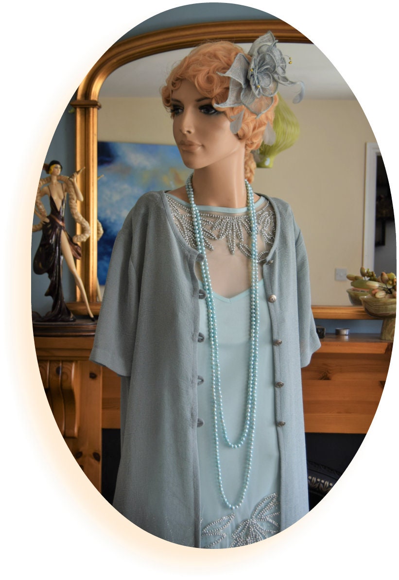 Beautiful Vintage Art Deco burlap duck blue feathered and beaded 1920s formal headpiece headband fascinator