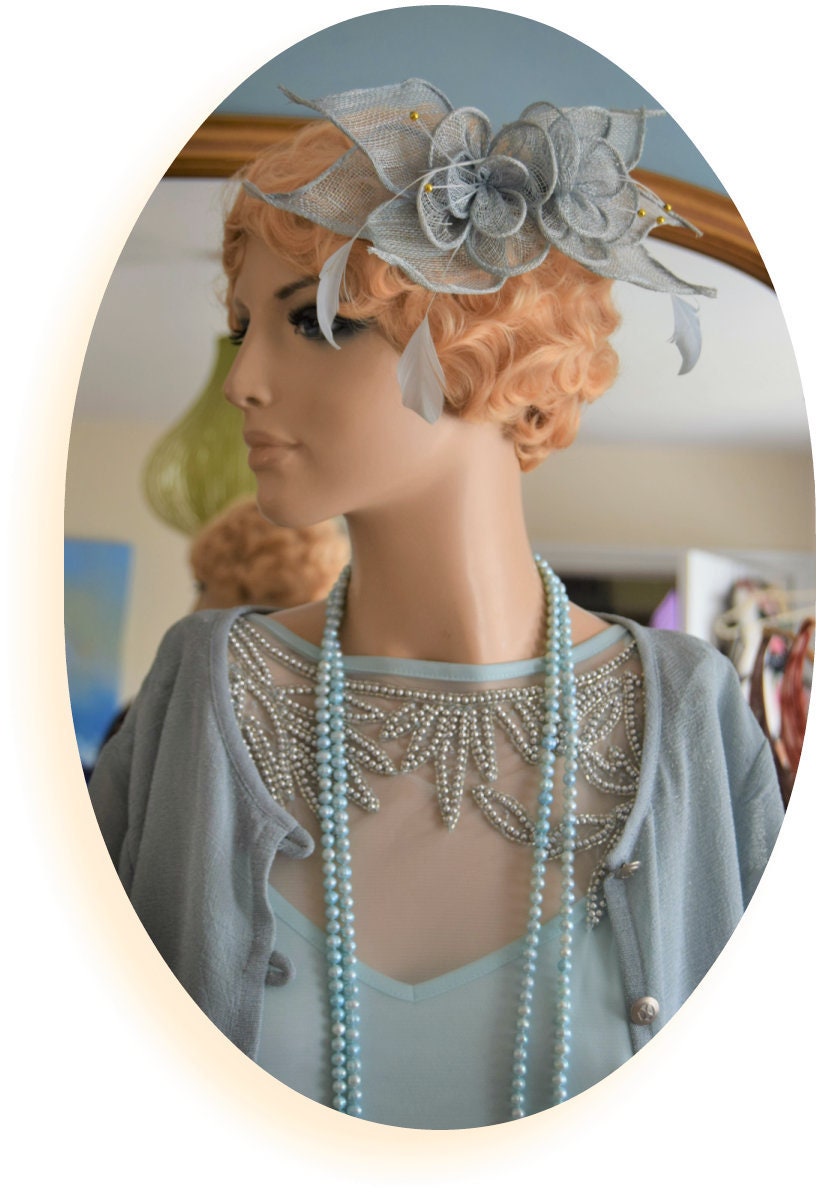 Beautiful Vintage Art Deco burlap duck blue feathered and beaded 1920s formal headpiece headband fascinator