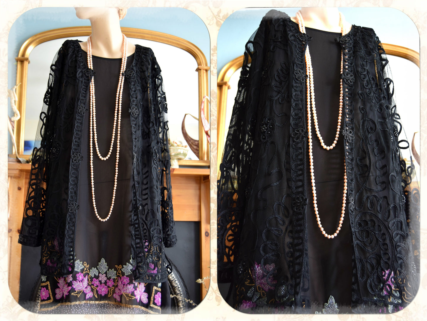 Vintage net Mesh Black Art Deco Avant Garde Semi Sheer 1920s flapper Charleston coat Long Jacket Kimono Duster size UK 12 14 US 8 10