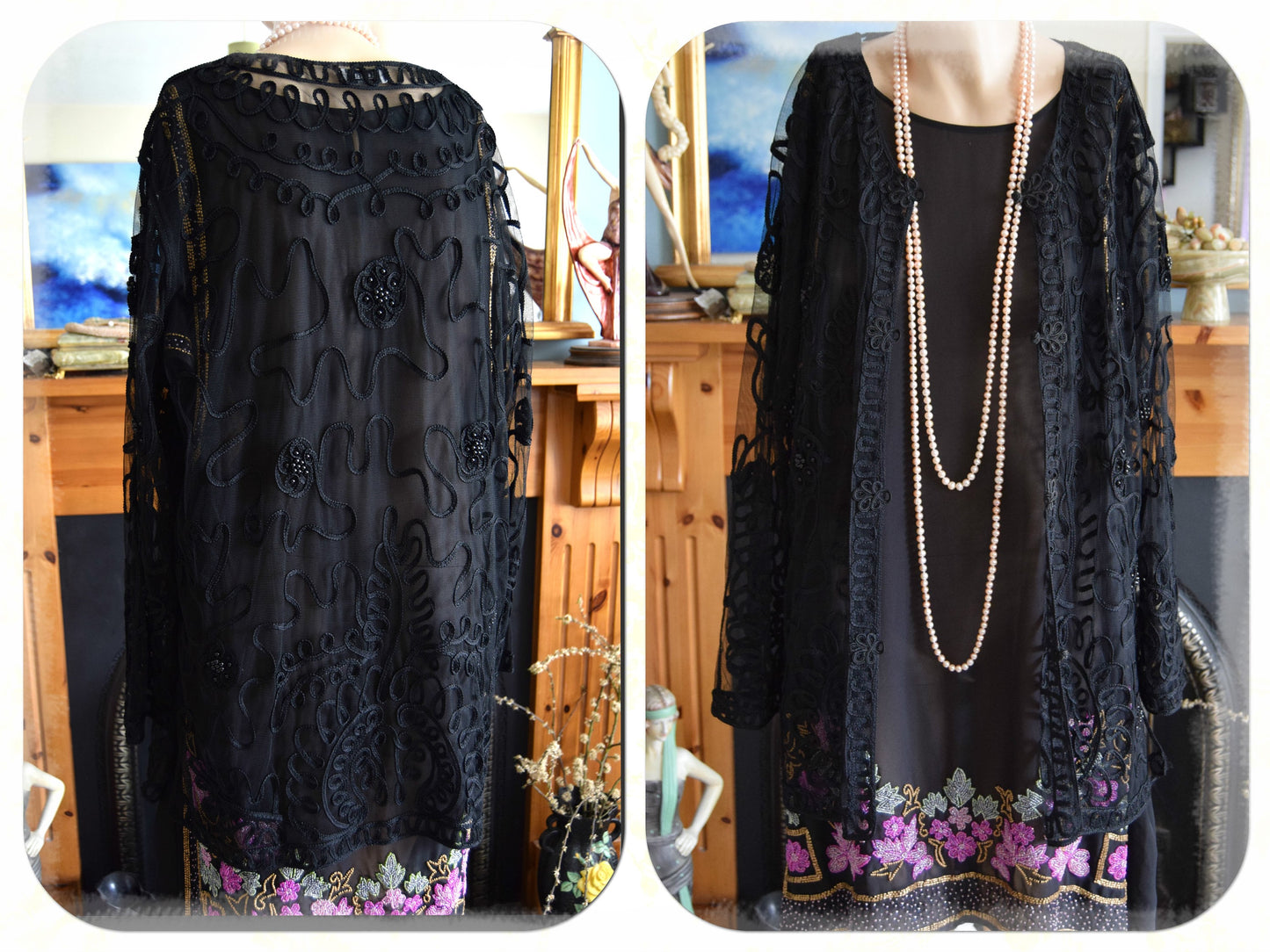 Vintage net Mesh Black Art Deco Avant Garde Semi Sheer 1920s flapper Charleston coat Long Jacket Kimono Duster size UK 12 14 US 8 10